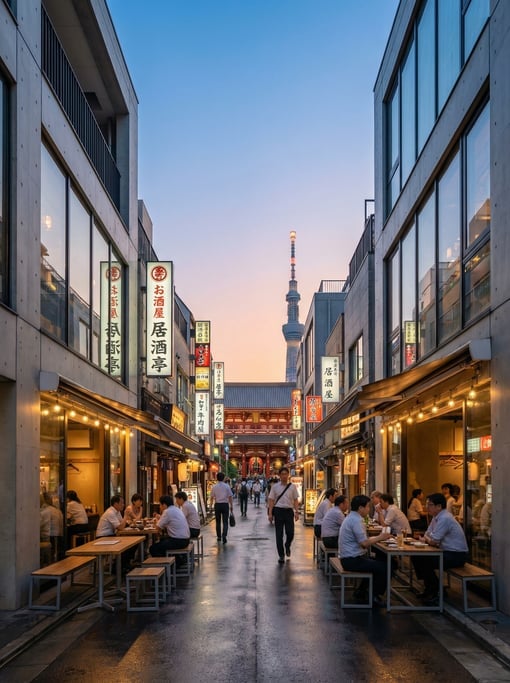 Street-level photograph looking down a neon-lit Shinjuku alley with modern izakaya restaurants in To