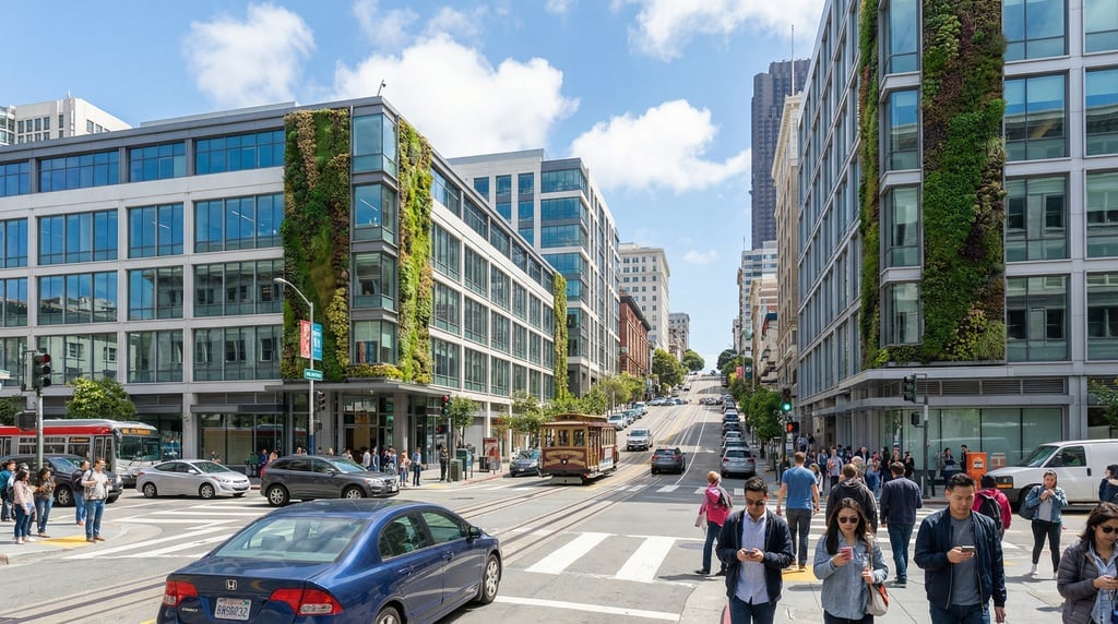 Street-level photograph looking down a busy intersection in San Francisco on a clear spring day
