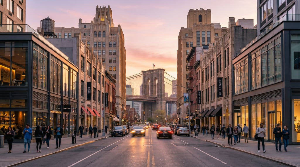 Looking straight down the length of a Lower East Side street with modern restaurants and galleries i