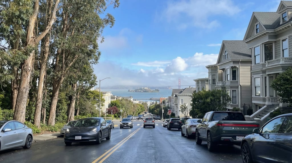 First-person perspective driving through a fog-draped street in Pacific Heights in San Francisco on