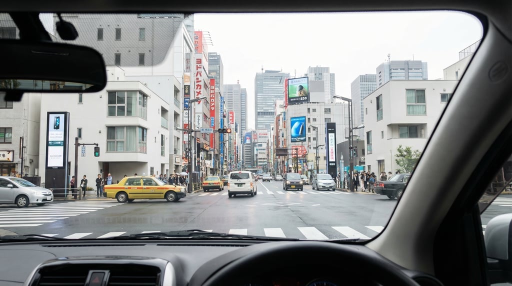 First-person perspective driving through a busy intersection in Tokyo on a bright overcast day