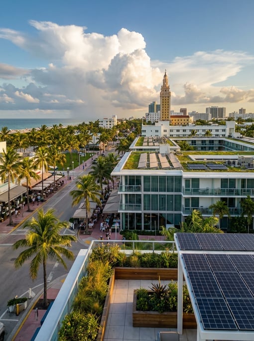 Elevated view from a rooftop terrace overlooking Ocean Drive with palm trees and outdoor dining in M