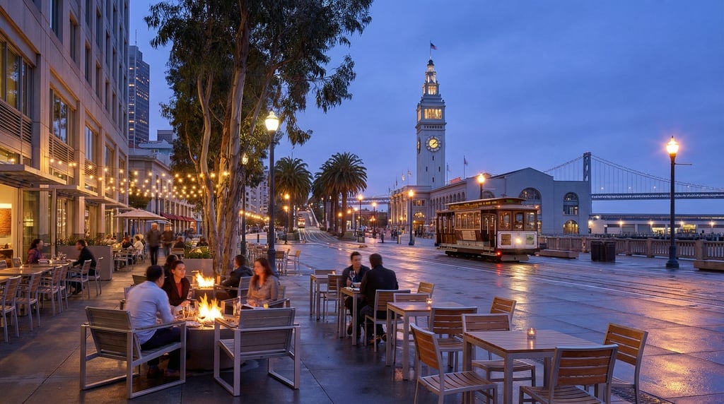 Three-quarter angle view of the Embarcadero waterfront promenade in San Francisco at blue hour dusk