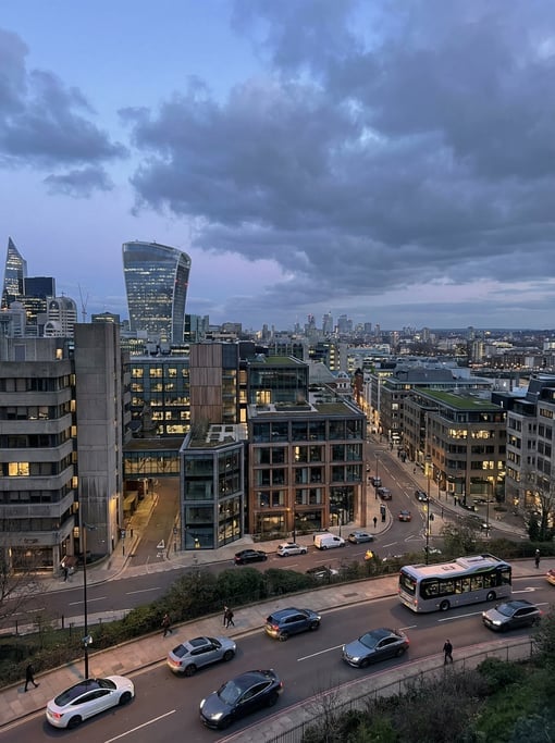 Elevated view from a hillside overlooking London at blue hour dusk
