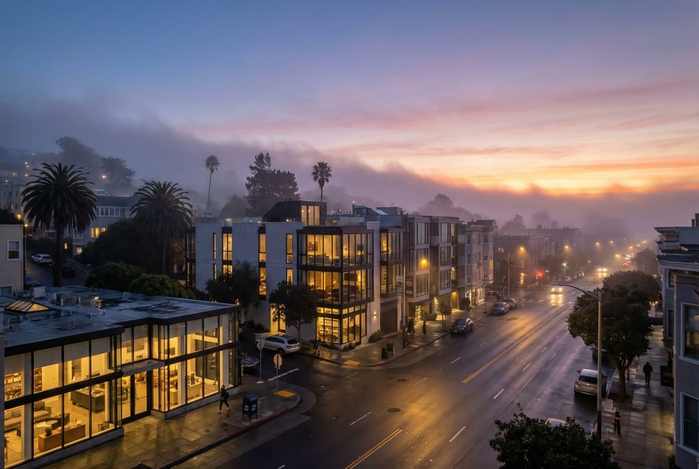 Wide shot of a fog-draped street in Pacific Heights in San Francisco during the magic hour just afte
