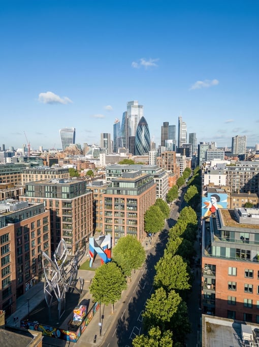 Elevated view from a hillside overlooking London on a bright clear morning