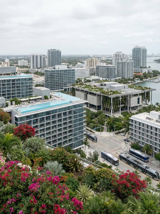 Elevated view from a hillside overlooking Miami on a bright overcast day