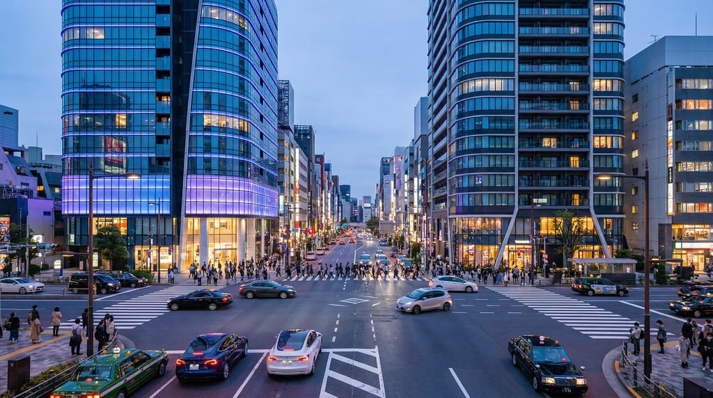 Wide-angle photograph of a busy intersection in Tokyo at blue hour dusk