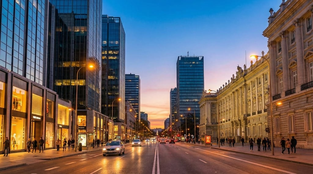 Point-of-view shot walking through the wide Paseo de la Castellana with modern towers in Madrid duri