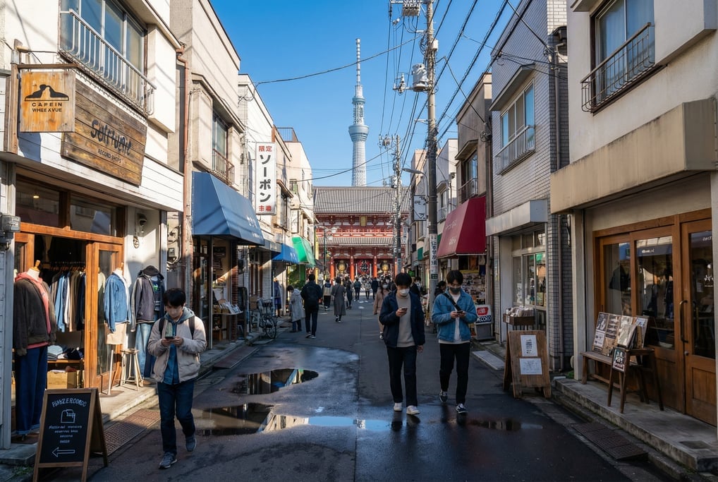 Panoramic view across a narrow Shimokitazawa lane with modern vintage shops in Tokyo on a bright cle