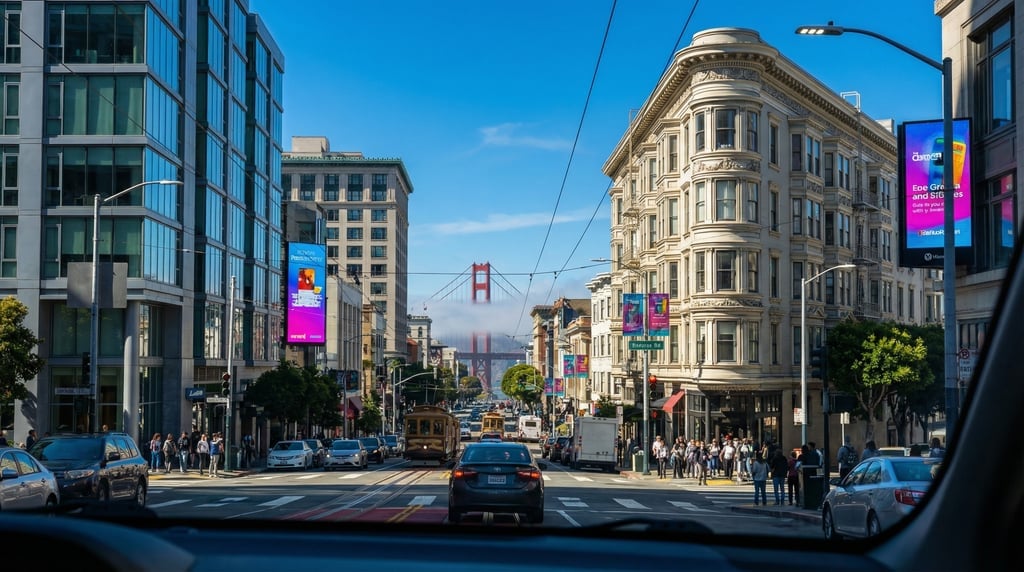 First-person perspective driving through a busy intersection in San Francisco on a vivid sunny after
