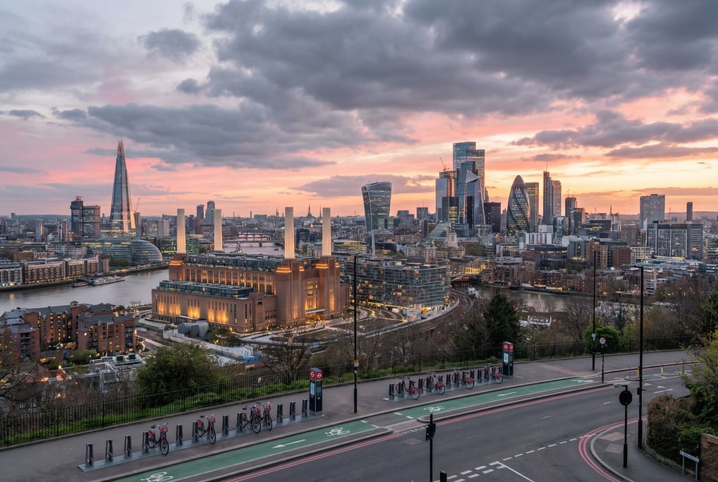 Elevated view from a hillside overlooking London at sunset
