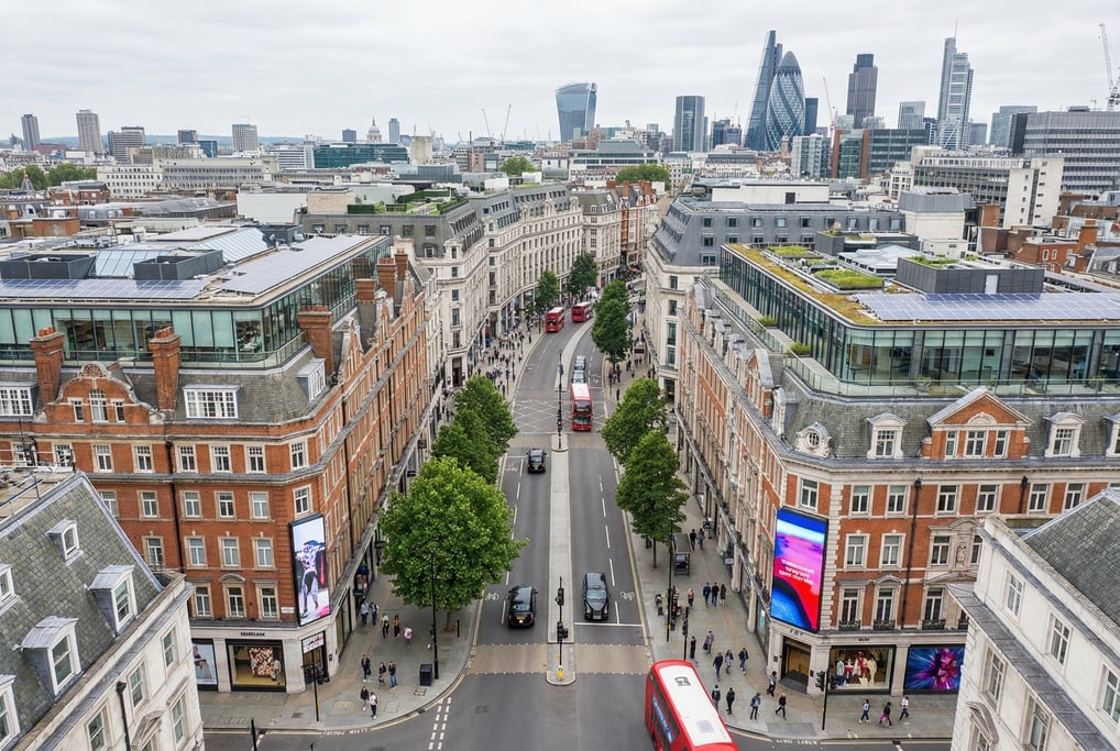 Looking straight down the length of Regent Street curving with flagship stores and LED displays in L