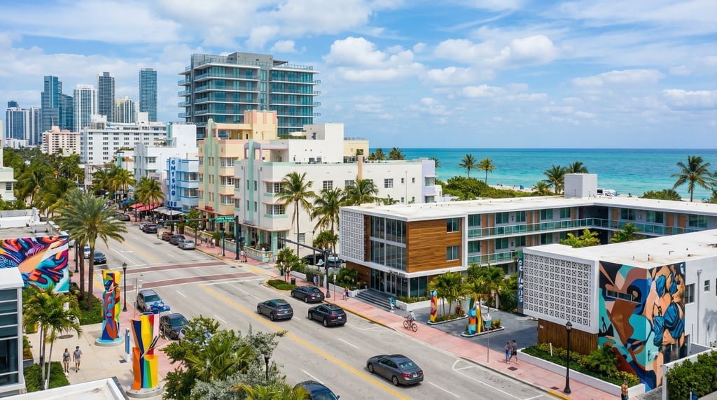 Three-quarter angle view of Collins Avenue with a mix of Deco and modern architecture in Miami on a