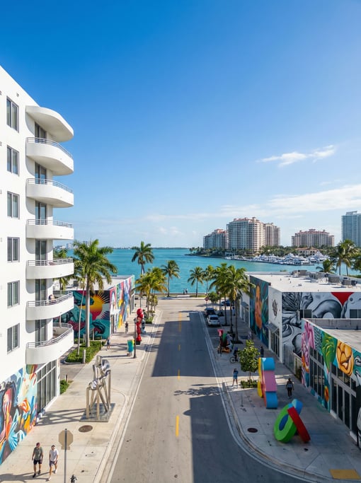 Panoramic view across a Wynwood side street with colorful contemporary murals in Miami on a bright c