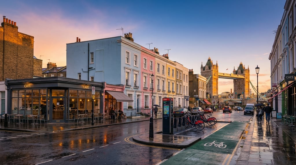 Wide shot of a Notting Hill street with colorful houses and modern cafés in London at golden hour