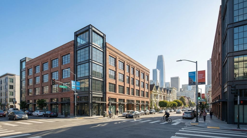 Three-quarter angle view of a busy intersection in San Francisco on a bright clear morning