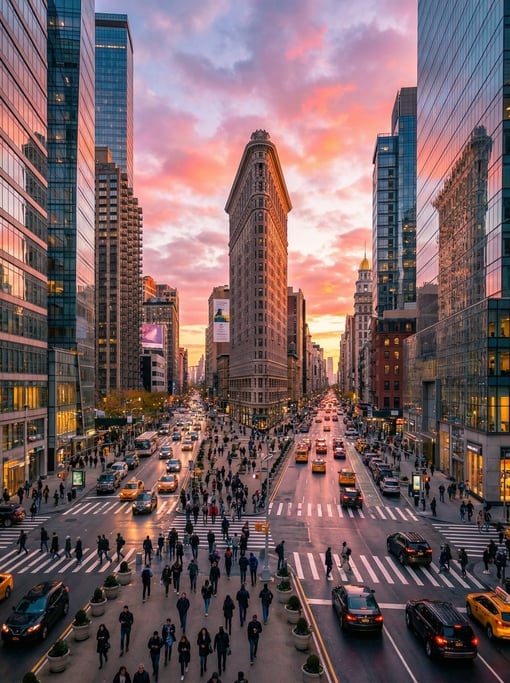 Looking straight down the length of a busy intersection in New York City at sunset