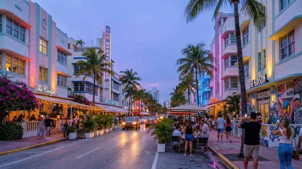 Street-level photograph looking down Ocean Drive with palm trees and outdoor dining in Miami at blue