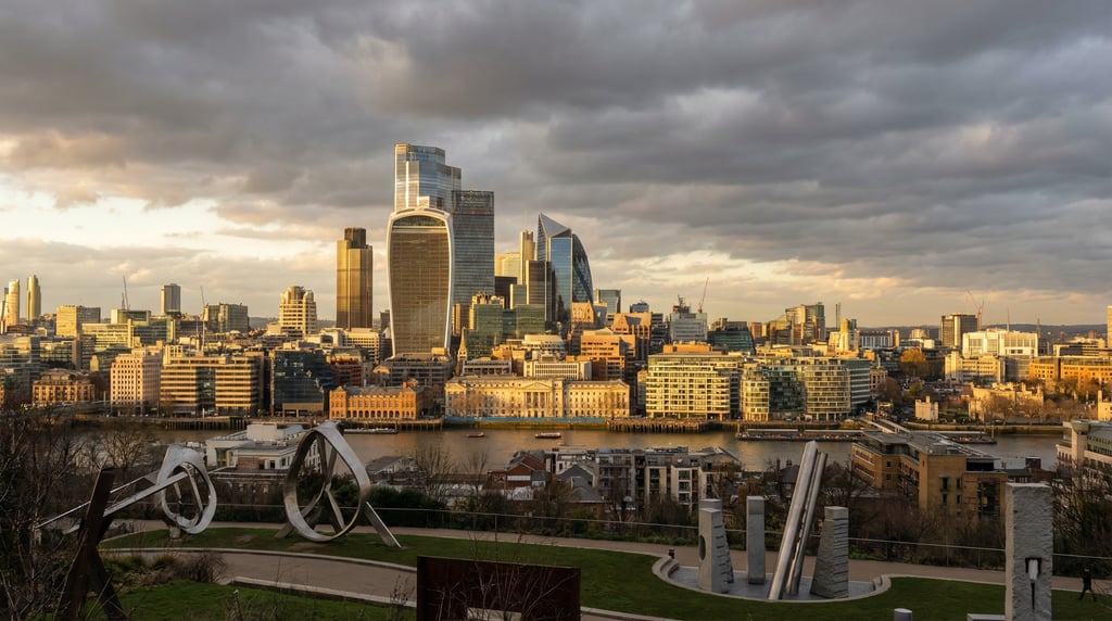 Elevated view from a hillside overlooking London at golden hour
