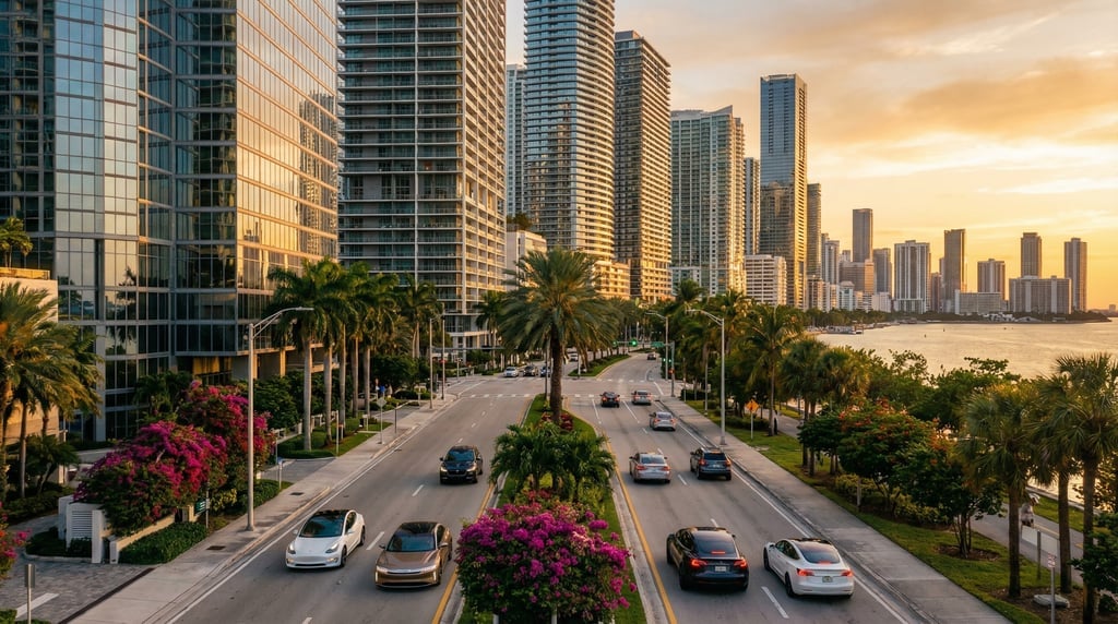 Wide shot of a Brickell Avenue canyon of glass towers in Miami at golden hour