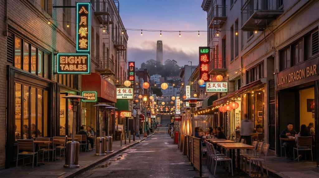 Looking straight down the length of a narrow Chinatown alley with contemporary signage in San Franci