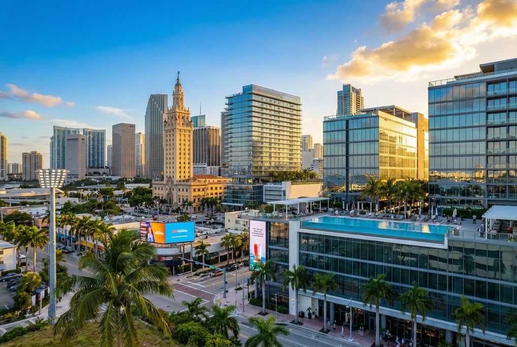 Elevated view from a hillside overlooking Miami at golden hour
