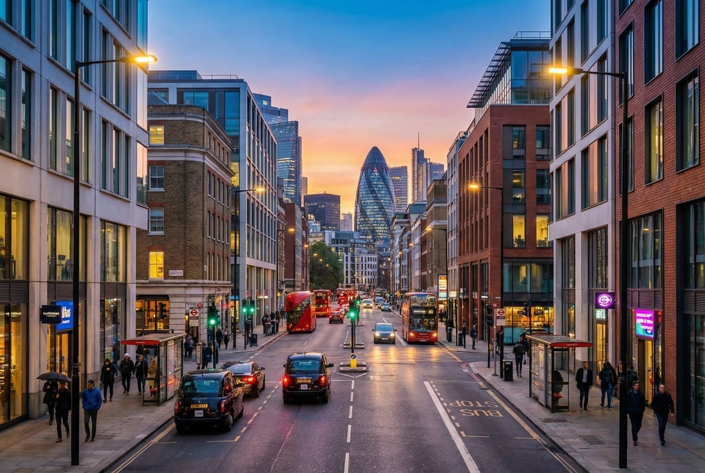 Looking straight down the length of a busy intersection in London during the magic hour just after s
