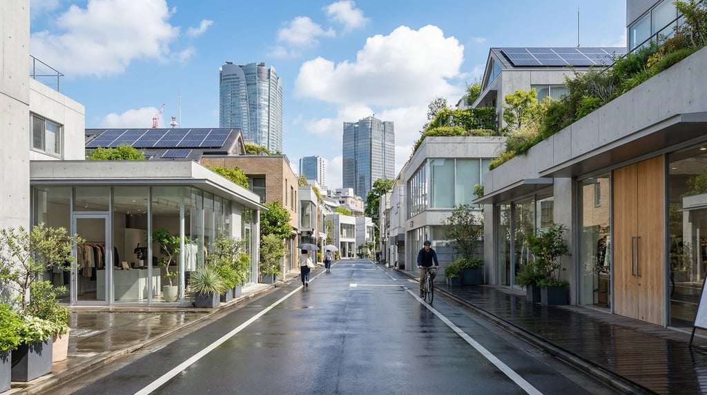 Street-level photograph looking down a quiet Daikanyama side street with contemporary boutiques in T