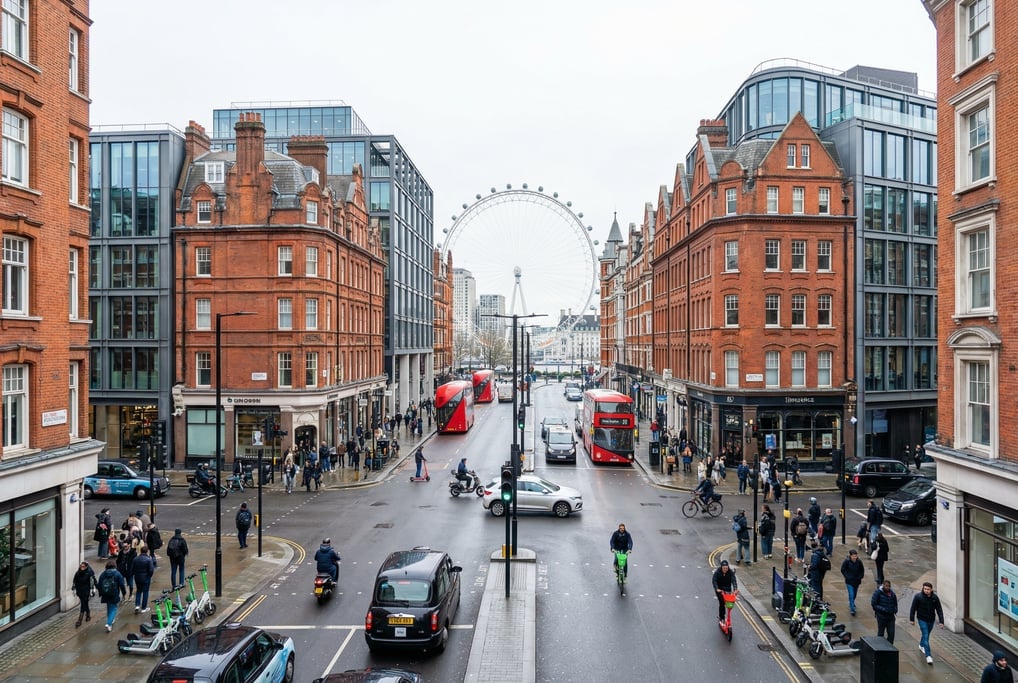 Three-quarter angle view of a busy intersection in London on a bright overcast day