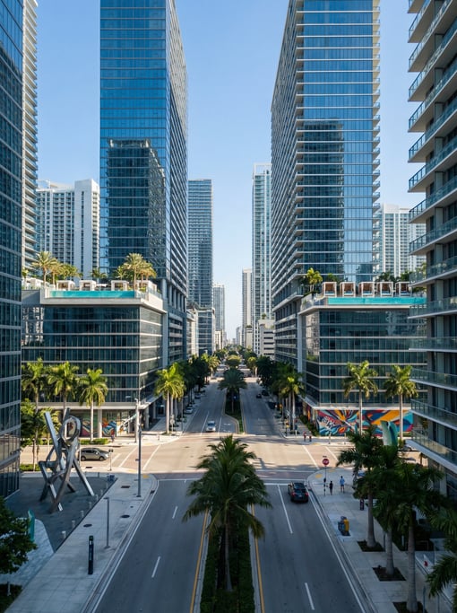 Wide shot of a Brickell Avenue canyon of glass towers in Miami on a bright clear morning