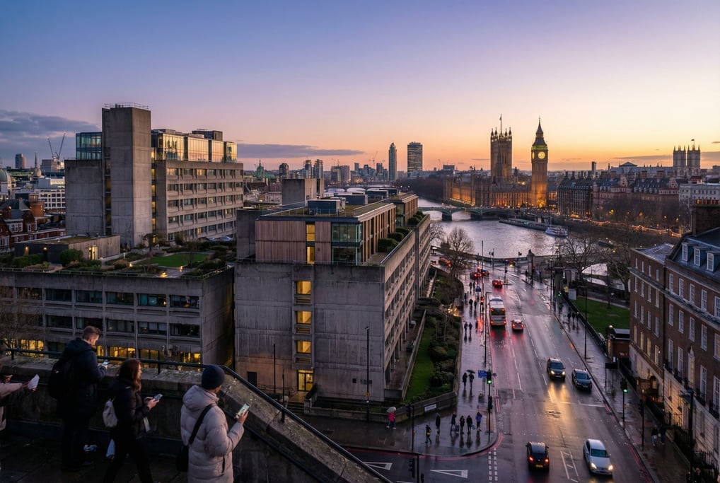 Elevated view from a hillside overlooking London during the magic hour just after sunset