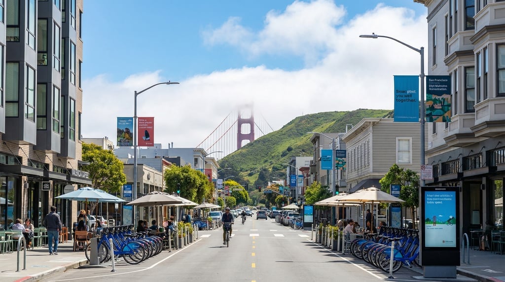 Looking straight down the length of Valencia Street with modern cafés and bike-share stations in San