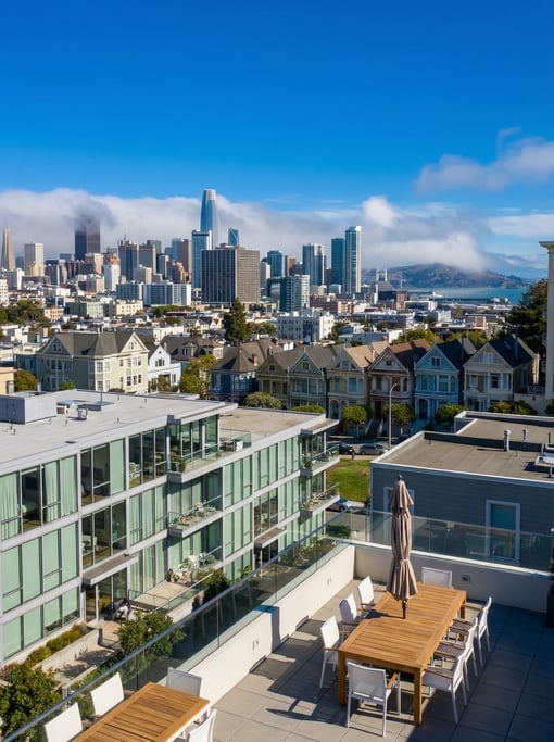 Elevated view from a hillside overlooking San Francisco on a vivid sunny afternoon