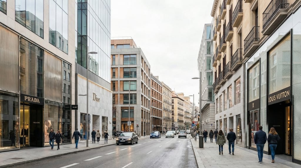 Wide shot of Calle Serrano with luxury boutiques and modern shopfronts in Madrid on a bright overcas