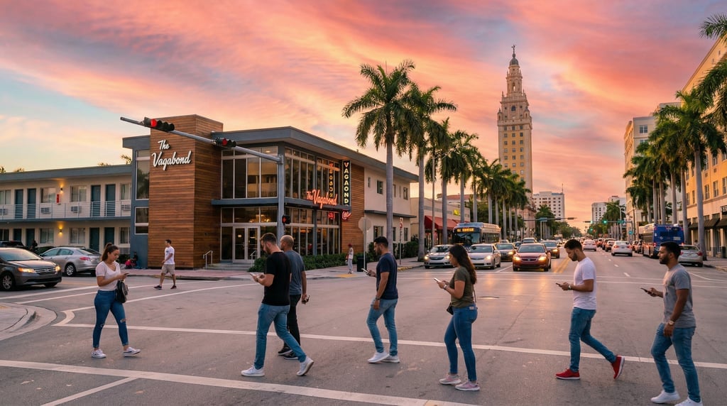 Point-of-view shot walking through a busy intersection in Miami at sunset