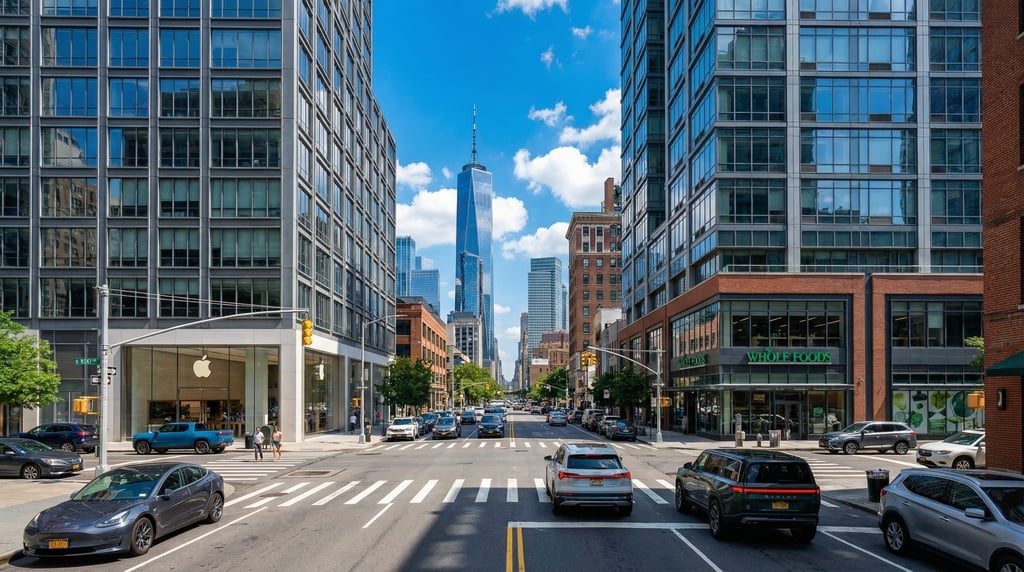 Three-quarter angle view of a busy intersection in New York City on a vivid sunny afternoon