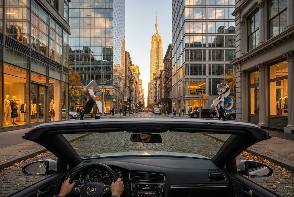 First-person perspective driving through a SoHo cobblestone street with designer storefronts in New
