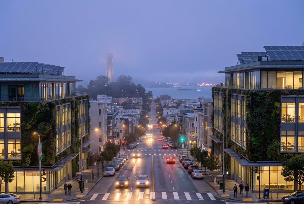 Wide shot of a fog-draped street in Pacific Heights in San Francisco at blue hour dusk
