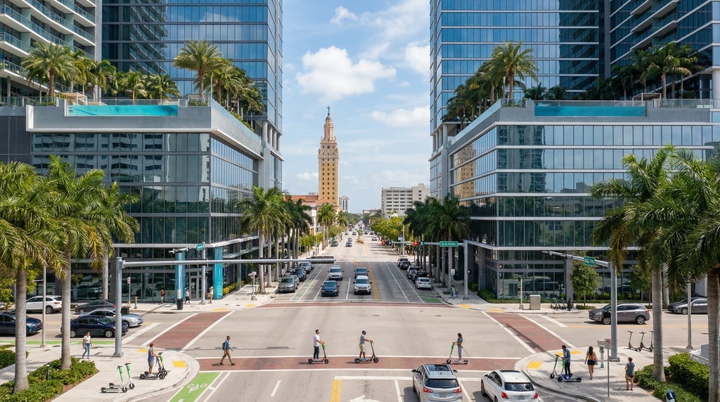 Three-quarter angle view of a busy intersection in Miami on a clear spring day