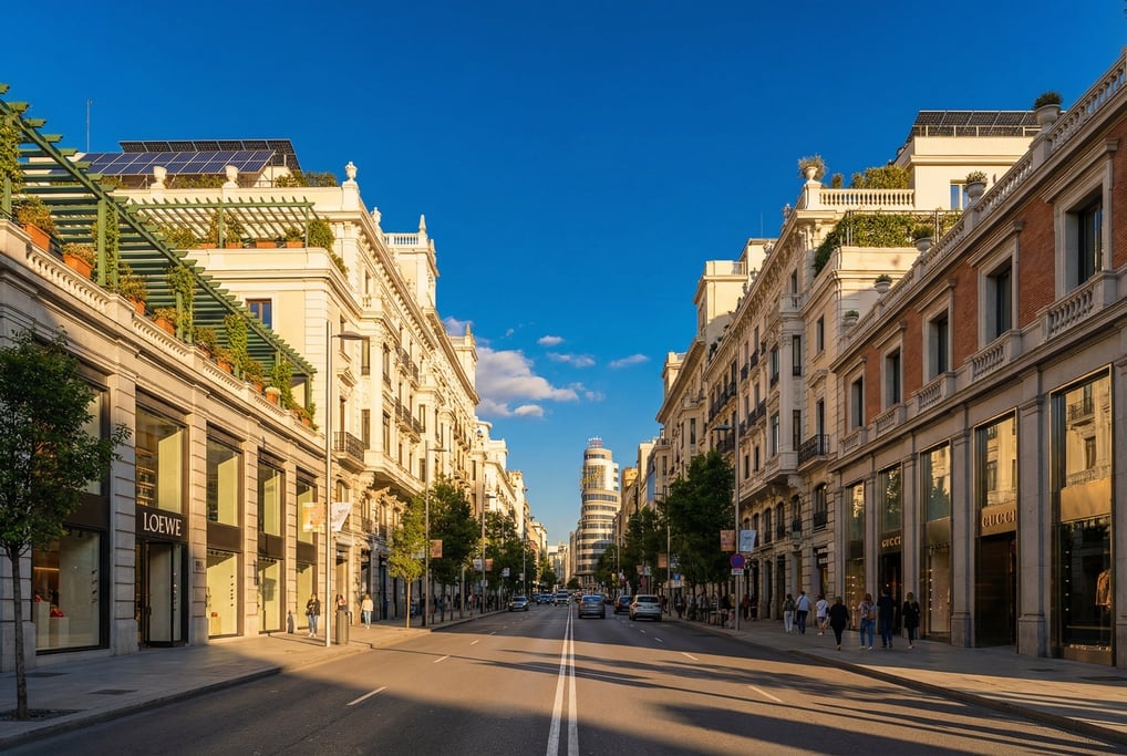 Street-level photograph looking down Calle Serrano with luxury boutiques and modern shopfronts in Ma