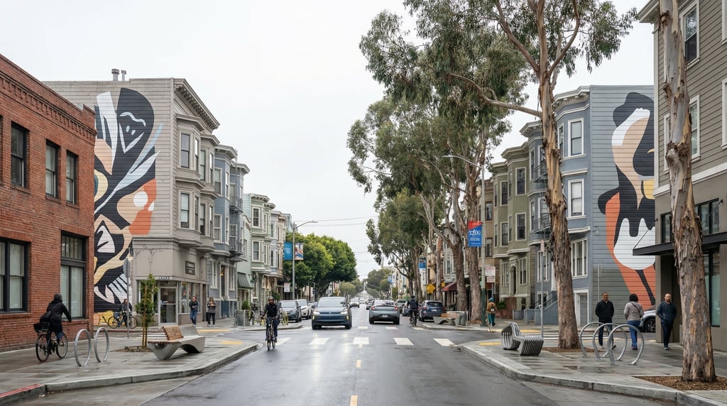 Wide shot of a wide boulevard through the Mission District with modern murals in San Francisco on a
