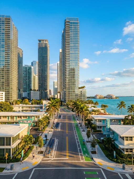 Wide shot of a Brickell Avenue canyon of glass towers in Miami at golden hour