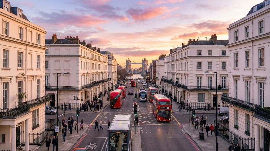 Looking straight down the length of a busy intersection in London at sunset