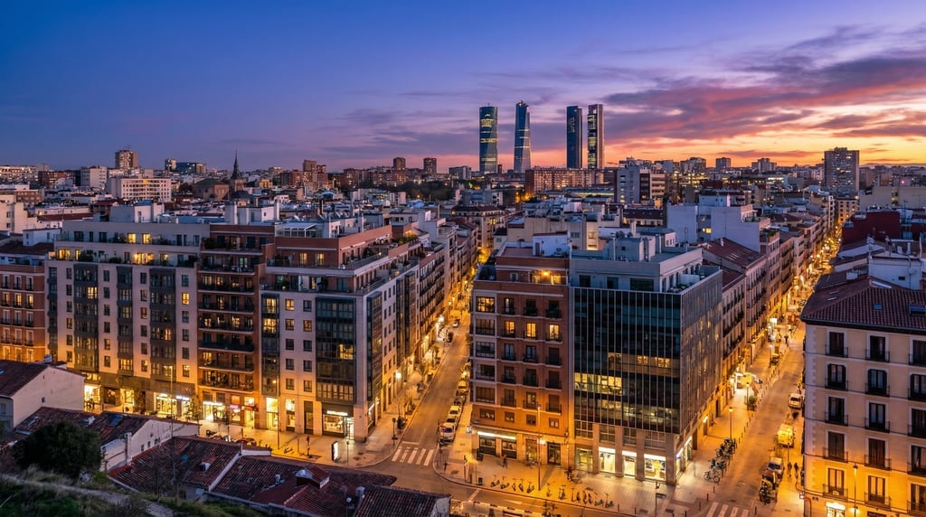 Elevated view from a hillside overlooking Madrid at blue hour dusk