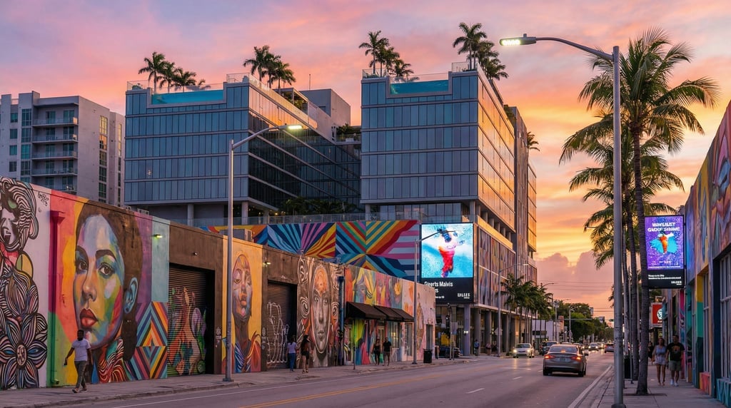 Wide shot of a Wynwood side street with colorful contemporary murals in Miami at sunset
