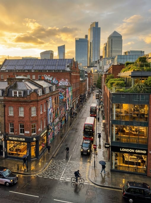 Wide shot of a Shoreditch side street with street art and modern coffee shops in London at golden ho