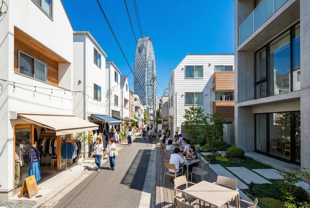 Wide-angle photograph of a narrow Shimokitazawa lane with modern vintage shops in Tokyo on a vivid s