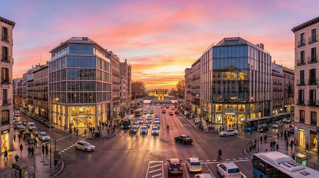 Panoramic view across a busy intersection in Madrid at sunset