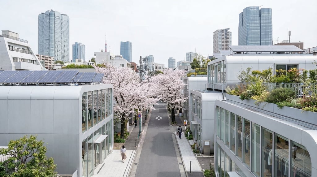 Wide shot of a quiet Daikanyama side street with contemporary boutiques in Tokyo on a bright overcas
